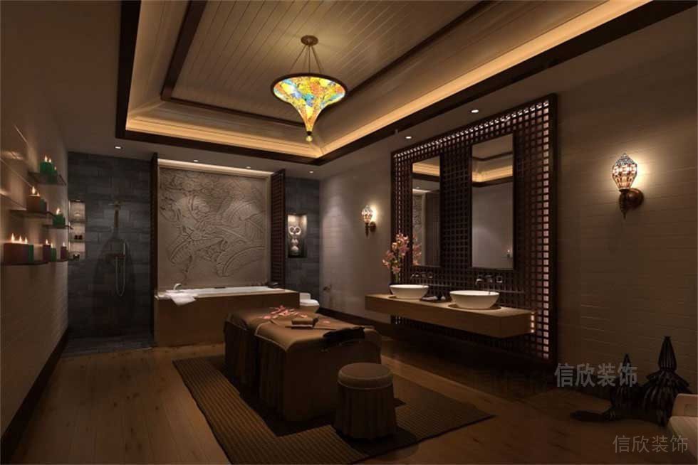足浴店裝修深咖色的皮質(zhì)的按摩床效果圖