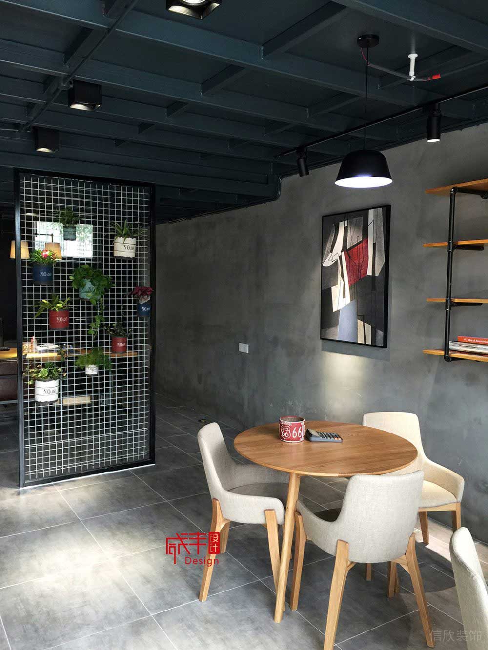 鏤空墻體diy植物懸掛區(qū)工作室工業(yè)風環(huán)形瓷磚鋪貼木質休息區(qū)效果圖