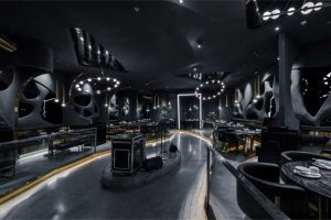 深圳鹽田后現(xiàn)代黑灰色系餐飲店裝修設(shè)計大廳效果圖