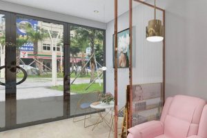 店鋪裝修效果圖現(xiàn)代金屬裝修粉色沙發(fā)大廳裝修設計