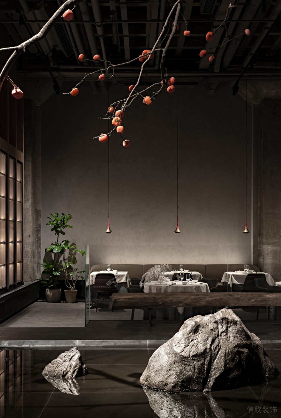 深圳福田新中式文化磚餐廳室內(nèi)石頭造景裝修設(shè)計(jì)