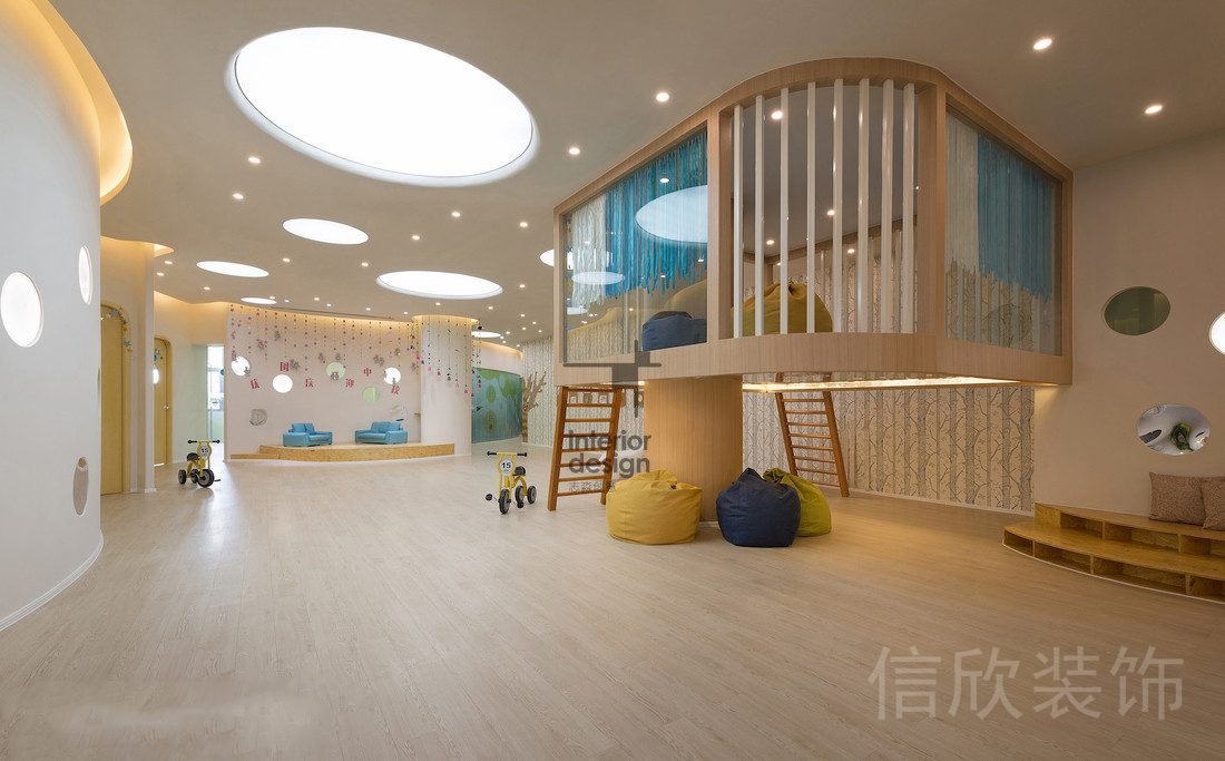 深圳市福田區(qū)財富大廈瓏瓏兒童培訓中心裝修設計大廳懸空式休息區(qū)