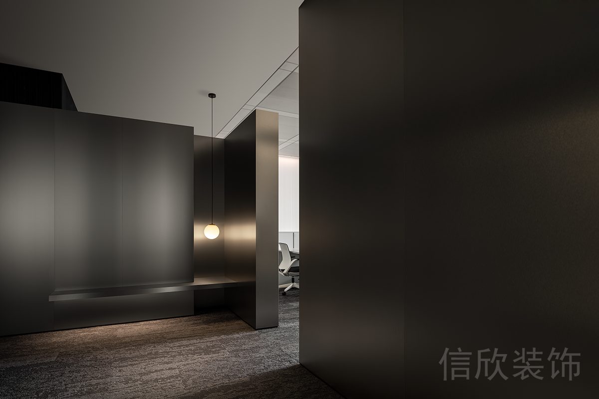 黑色墻體隔斷效果圖裝修光面辦公室設(shè)計(jì)過(guò)道效果